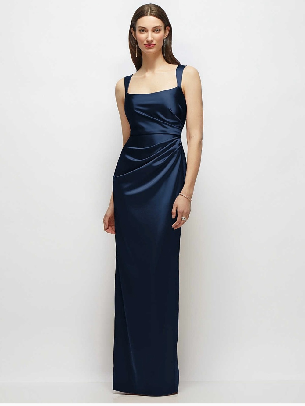Dessy Navy Satin Square-Neck Evening Gown- NWT
